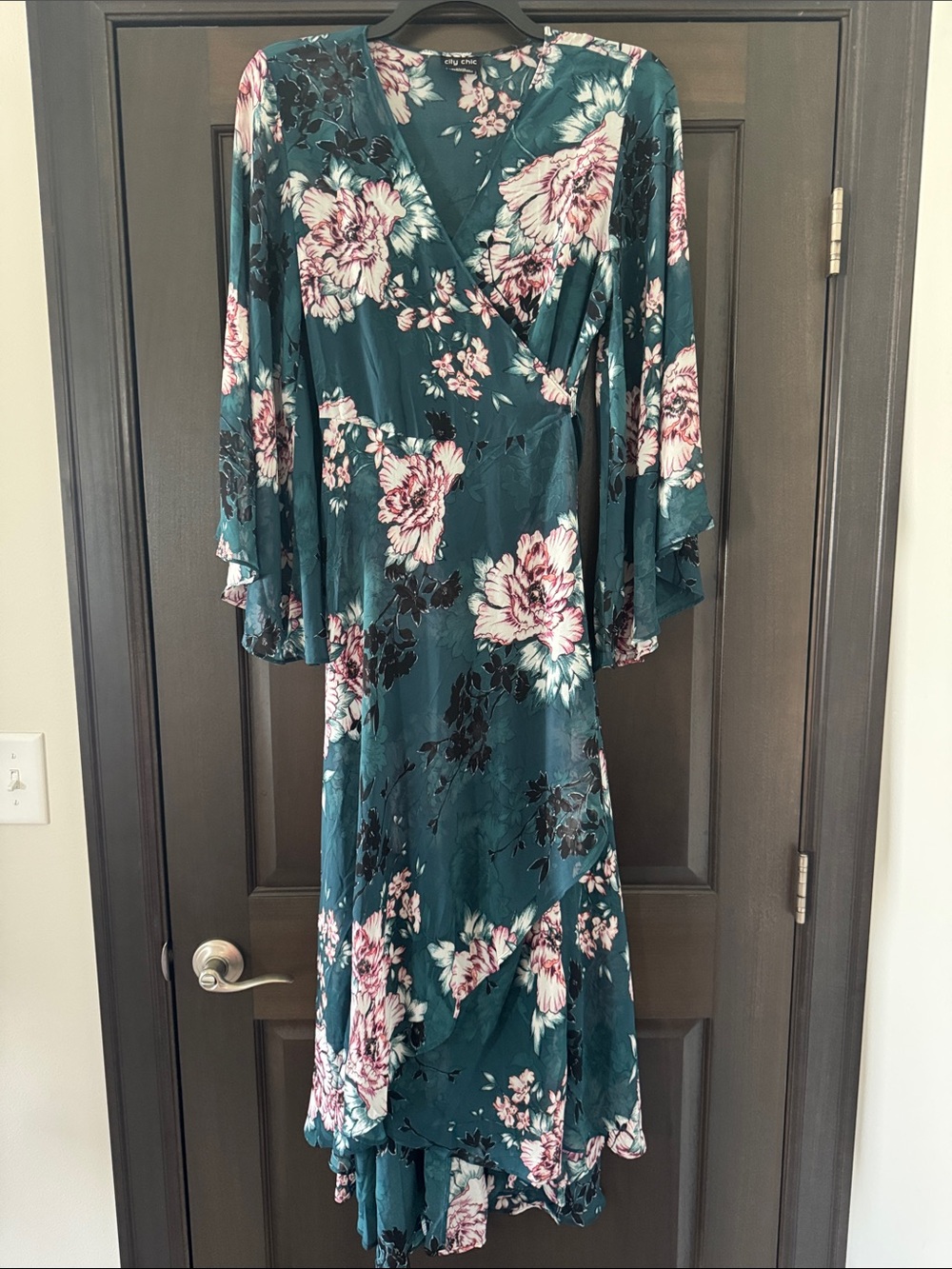 City Chic Teal Floral High-Low Wrap Dress with Pink Blooms